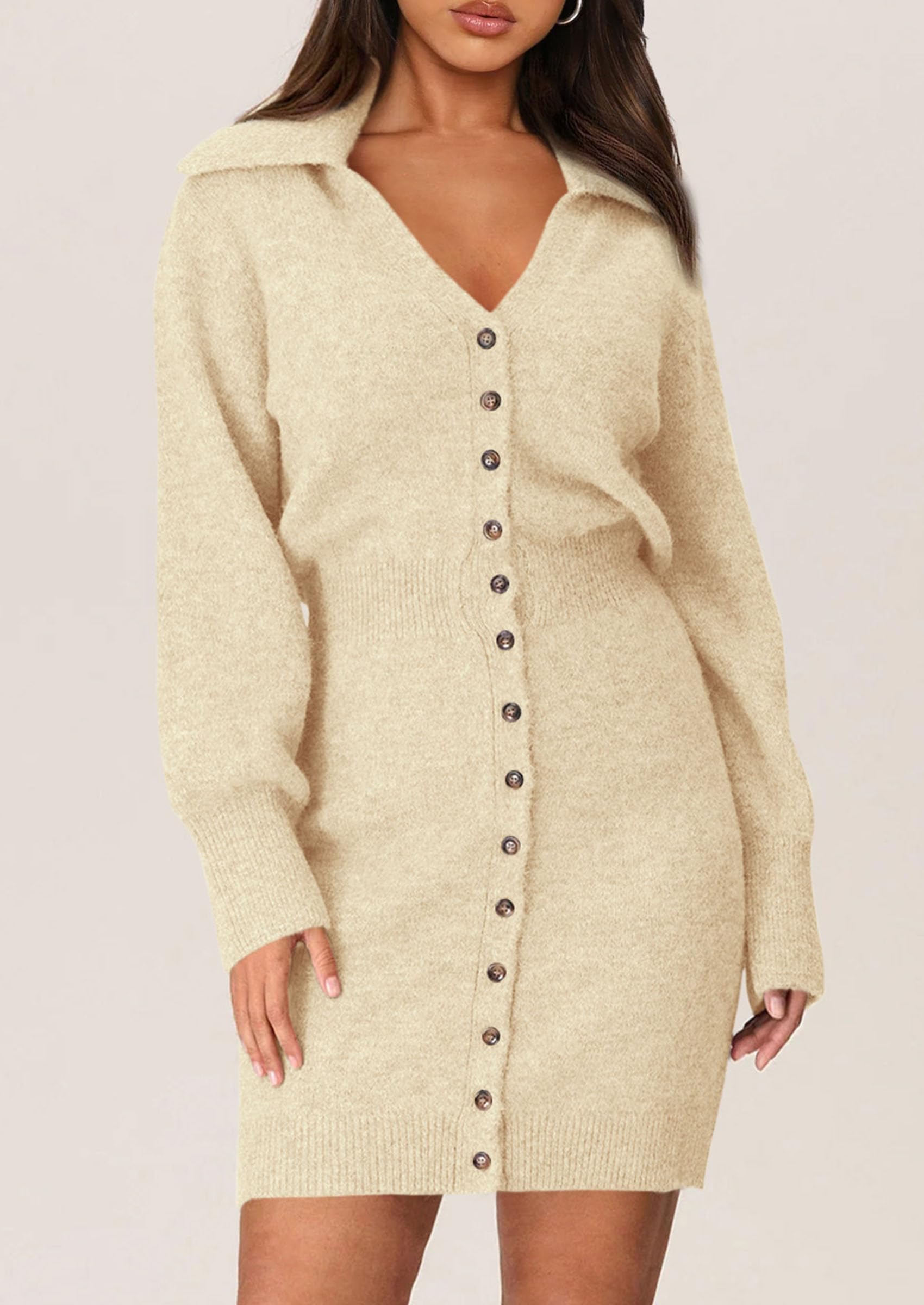 PRETTYGARDEN Sweater Dresses for Women Trendy Long Sleeve Button Down Short Spring Dress