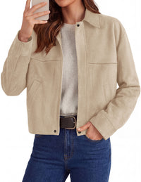 PRETTYGARDEN Women's Faux Suede Cropped Fall Jackets | Soft Zip Up Coats,Classic Lapel Collar,Button Down Shacket,Oversized Casual Outerwear,Trendy Winter Clothes with Pockets
