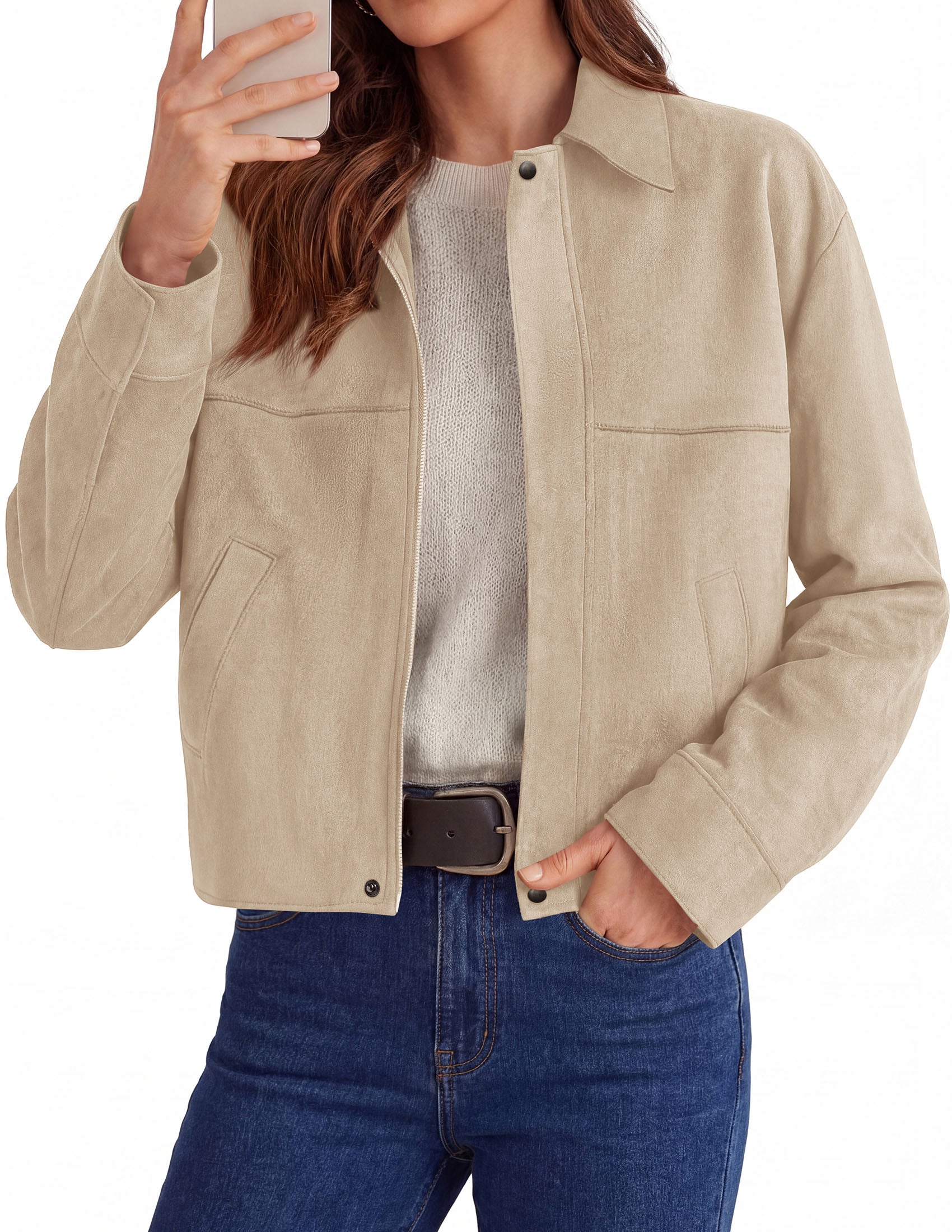 PRETTYGARDEN Women's Faux Suede Cropped Fall Jackets | Soft Zip Up Coats,Classic Lapel Collar,Button Down Shacket,Oversized Casual Outerwear,Trendy Winter Clothes with Pockets