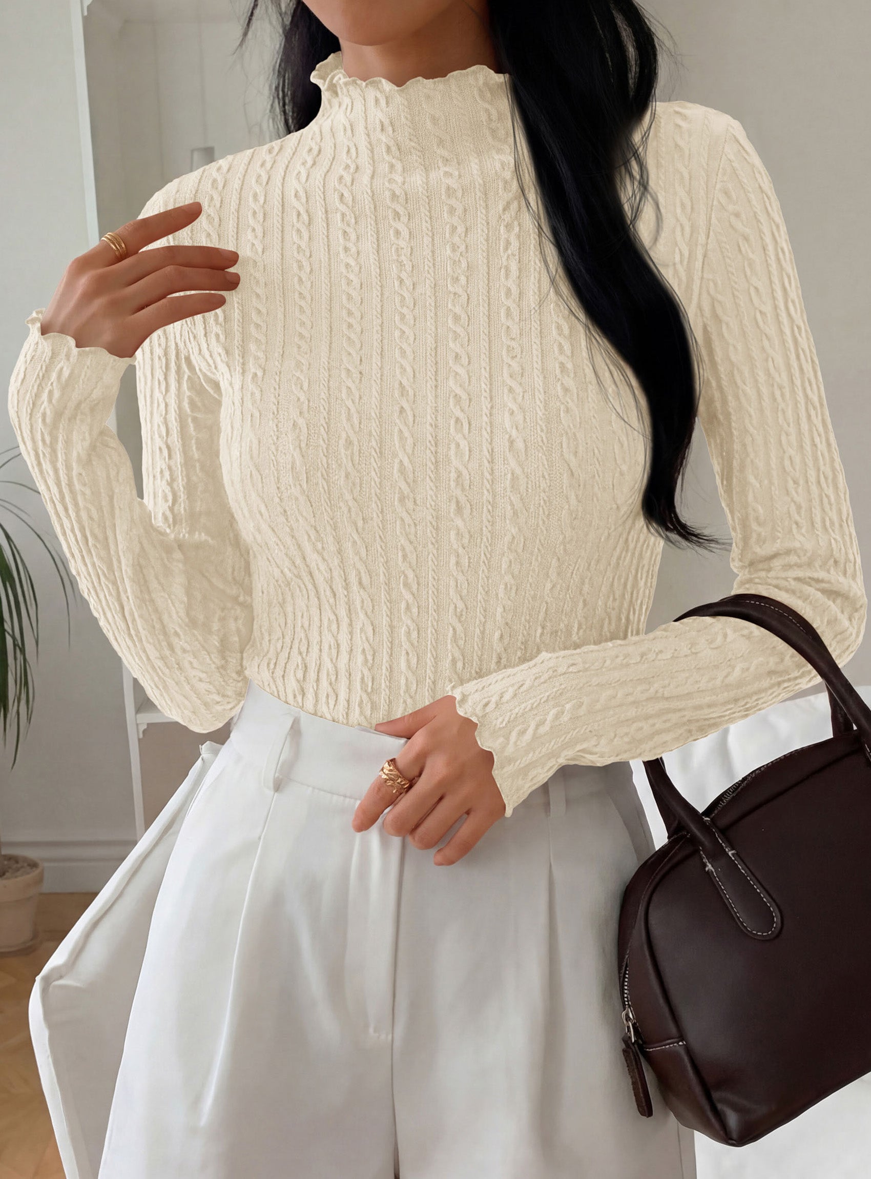 PRETTYGARDEN Women's Fall Long Sleeve Fitted Shirts | Comfy Stretchy Cable Knit, Trendy Lettuce Trim Mock Neck, Casual Basic Tees, Cute Layering Tops, 2026 Fashion Clothing