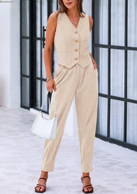 PRETTYGARDEN Two Piece V Neck Button Front Cropped Tank Tops Vest Pockets Pants Cotton Sets