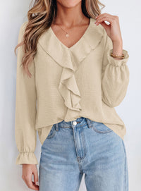 PRETTYGARDEN Women Early Fall Fashion Dressy Casual Blouses  | Comfy Lightweight,Lantern Long Sleeve Shirts,Cute Ruffle V Neck,Going Out Tops,Business Work Outfits,Trendy Daily Clothes