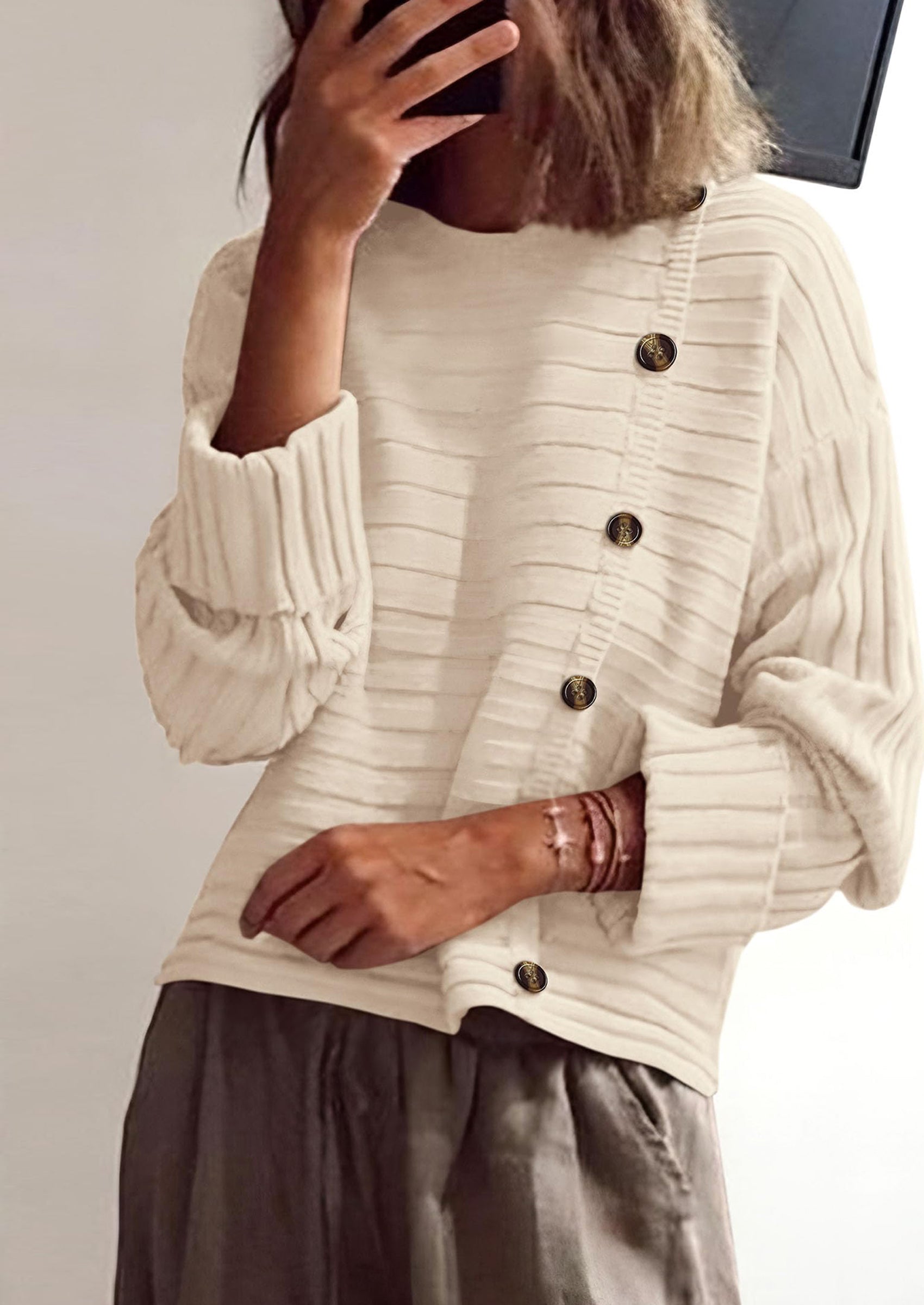 PRETTYGARDEN Womens Sweaters Fall Casual Long Sleeve Crewneck Button Loose Winter Knit Pullover Sweater Tops