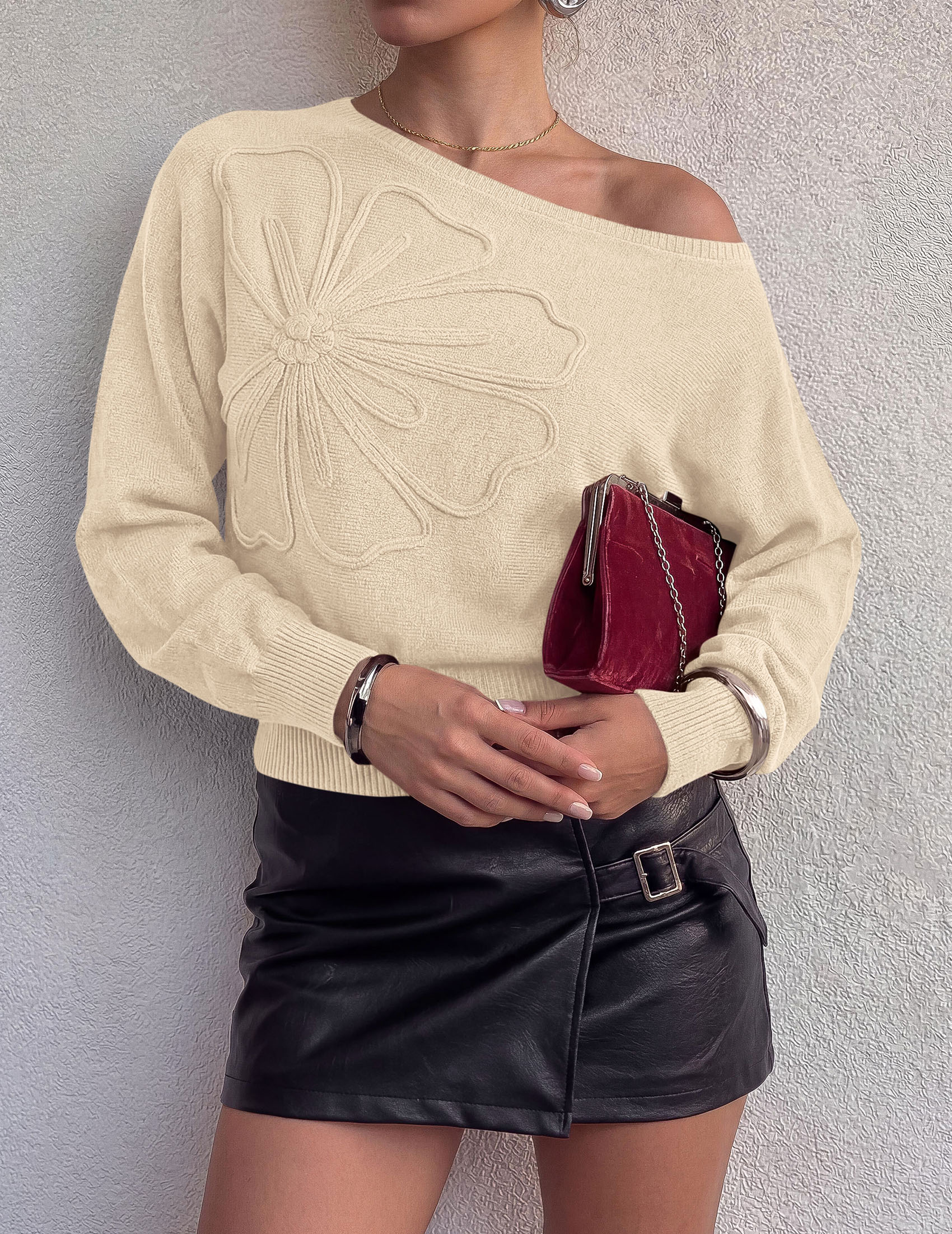 PRETTYGARDEN Women's Fall Off The Shoulder Sweater Tops   | 3D Flower Off Shoulder Sweater, Cinched Waist, Long Sleeve Cropped Sweaters, Knit Pullover Tops, Trendy Date Night Outfit