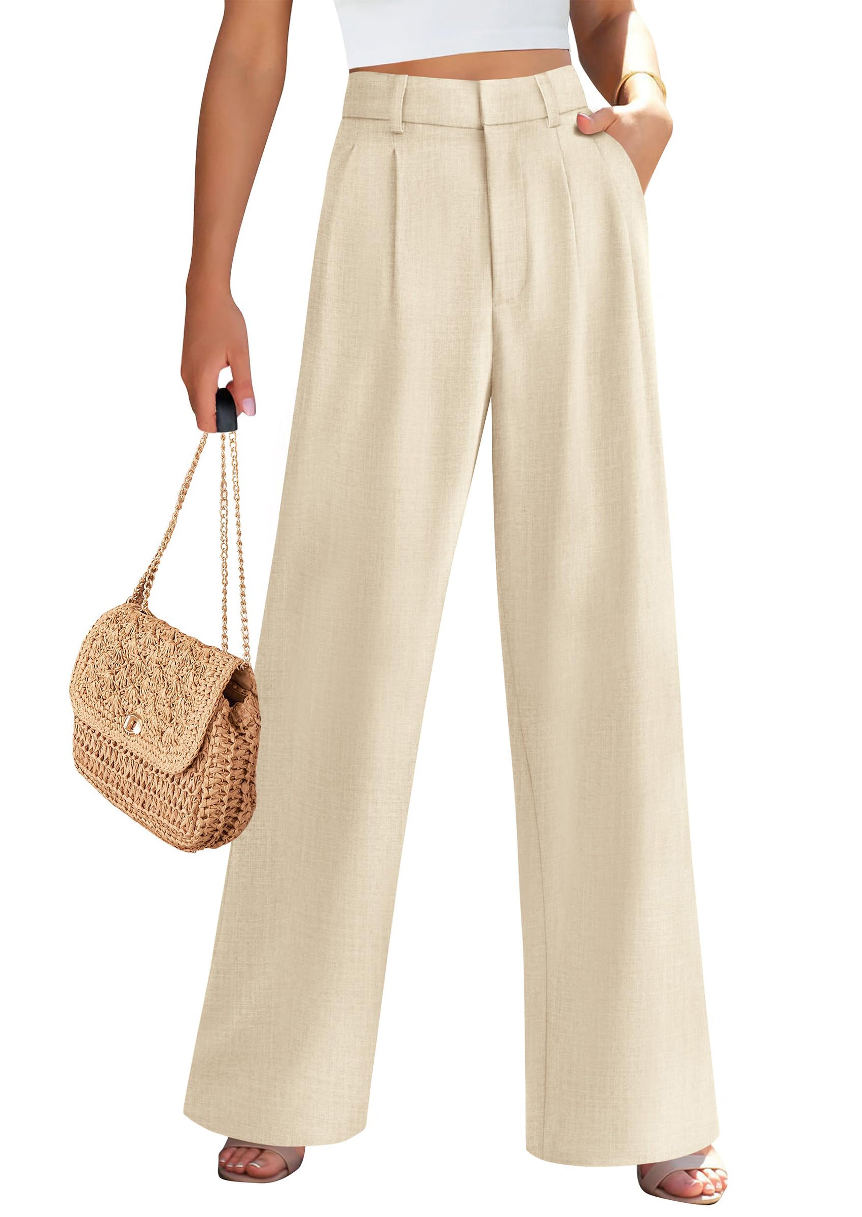 PRETTYGARDEN Women's Summer Elastic High Waisted Work Pants Straight Leg Dressy Business Casual Trousers Slacks Pockets