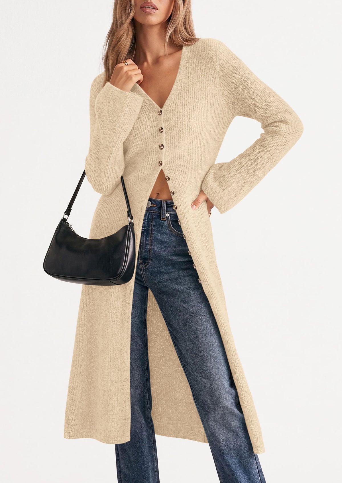 PRETTYGARDEN Women Long Cardigan Bell Sleeve Sweater Dress  Early Fall Fashion, V Neck Button Down Coats, Fit and Flare, Duster Sweater, Business Casual Outfits, Acrylic Cotton Blend
