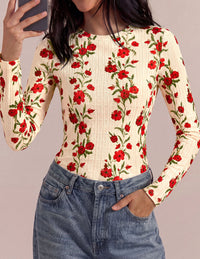 PRETTYGARDEN Womens Long Sleeve Shirts Floral Y2K Tops | Soft Lightweight Ribbed Knit Top,Fitted Waist,Crew Neck Slim Fit,Going Out Vacation Outfits,Layering Fall Winter Clothes