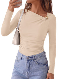 PRETTYGARDEN Long Sleeve Shirts for Women 2026 Ruched Knit Asymmetrical Tight Fitted Going Out Tops Y2k Fall Clothes