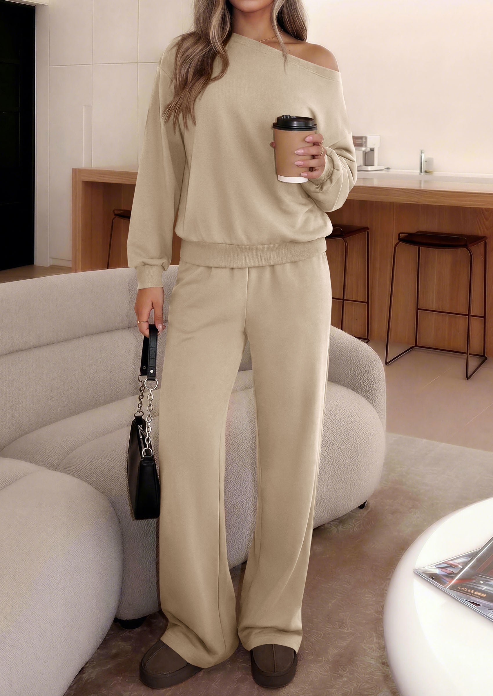 PRETTYGARDEN Womens 2 Piece Casual Matching Lounge Sets  Fashion Off the Shoulder Sweatshirt, Wide Leg Pants with Pockets, Comfy Airport Travel Outfit, 2026 Trendy Fall Set