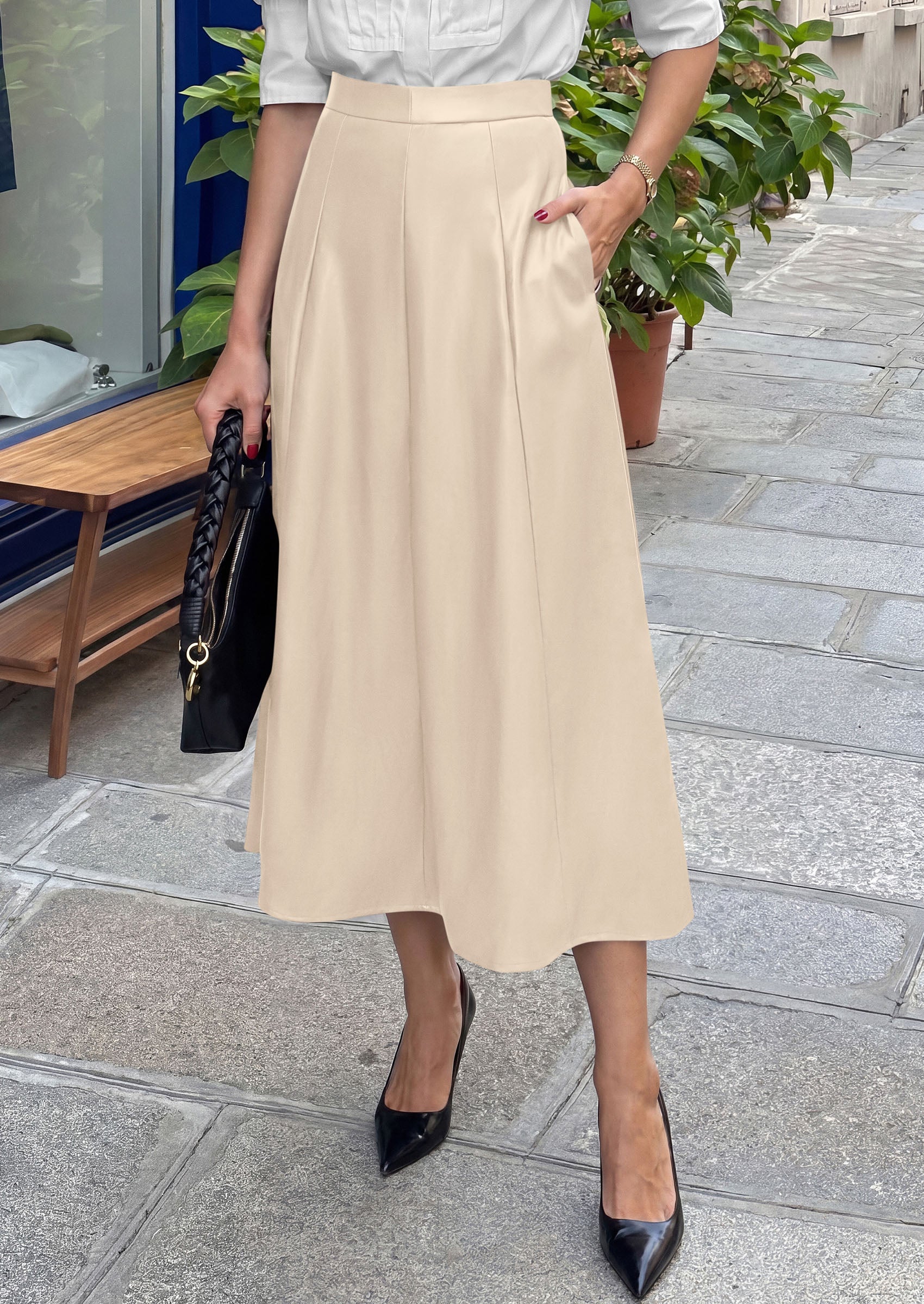 PRETTYGARDEN Womens Faux Leather High Waisted Midi Skirt | Flowy A Line Pleated Skirts, Elegant Swing Flared, Work Business Casual Outfits, Fall Winter Fashion Clothes