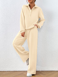 PRETTYGARDEN Women Fall 2 Piece Outfits Sweatsuits Quarter Button Long Sleeve Sweatshirt Wide Leg Pants Tracksuit Lounge Sets