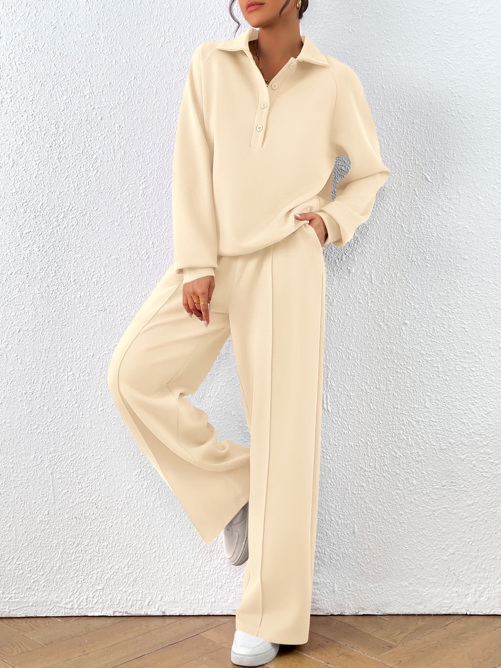 PRETTYGARDEN Women Fall 2 Piece Outfits Sweatsuits Quarter Button Long Sleeve Sweatshirt Wide Leg Pants Tracksuit Lounge Sets