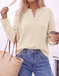 PRETTYGARDEN Women's Fall Button Up Cozy Pullover Sweaters | Stretchy Soft Knit, Drop Shoulder Long Sleeve Tops, Henley Crewneck Rolled Edge, Dressy Casual Blouses, Trendy Winter Clothes