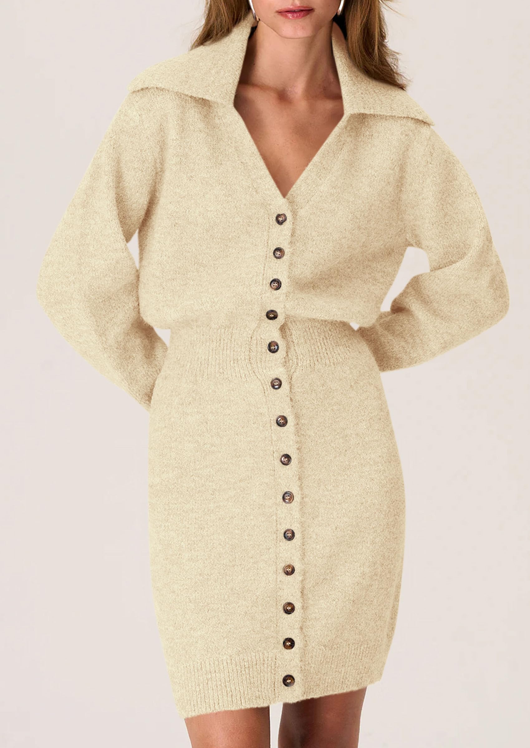 PRETTYGARDEN Sweater Dresses for Women Trendy Long Sleeve Button Down Short Spring Dress