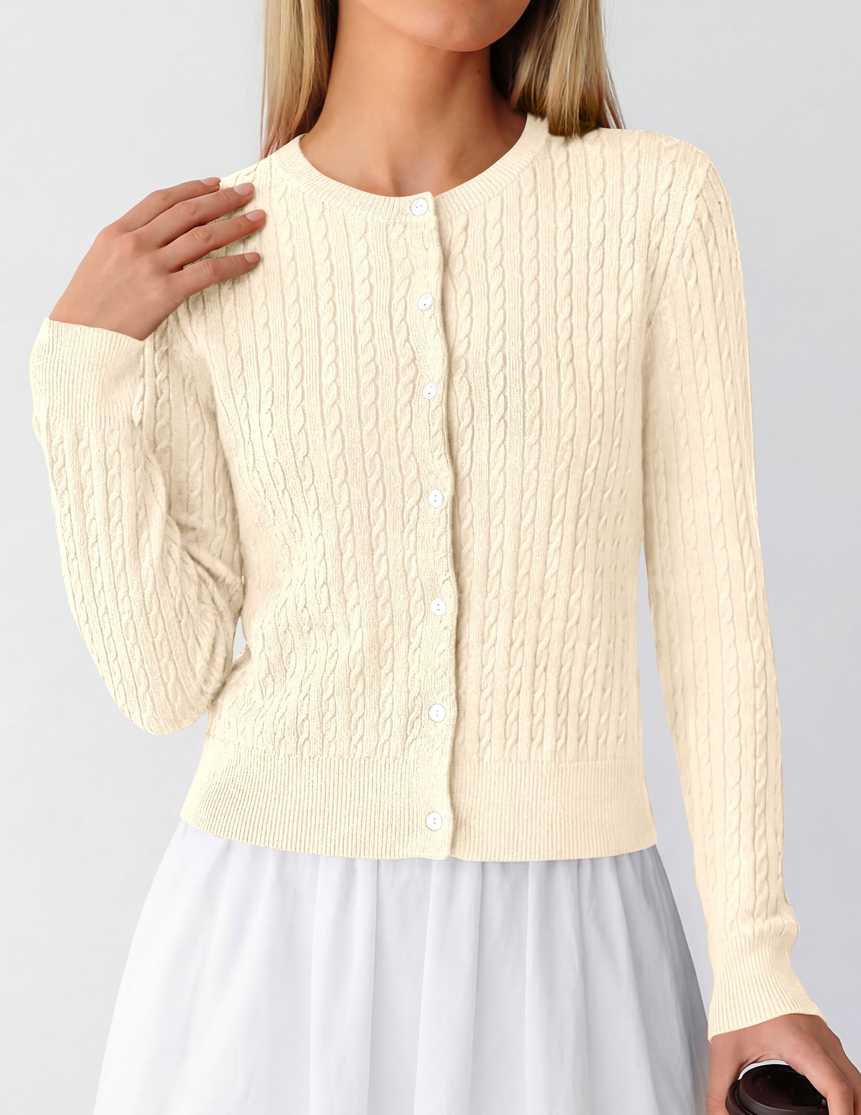 PRETTYGARDEN Women Lightweight Button Up Cardigan Sweaters | Soft Stretchy, Cozy Cable Knit, Long Sleeve Crew Neck, Trendy Cardigans, Cute Casual Outfits, Early Fall Fashion Clothing