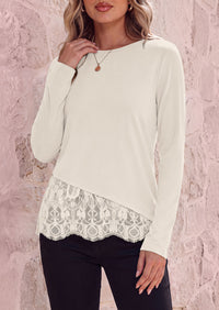 PRETTYGARDEN Women's Lace Patchwork Long Sleeve Shirts | Soft Casual Tops,Irregular Asymmetrical Hem,Crew Neck Thermal Blouses,Loose Fit Layer Tee,Fashion Fall Winter Daily Wear