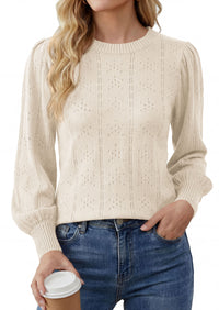 PRETTYGARDEN Women Fall Fashion Hollow Out Holiday Sweaters | Stretchy Cozy Knit, Puff Long Sleeve Pullover Tops, Crewneck Loose Fit, Dressy Casual Blouse, Trendy Winter Going Out Outfits