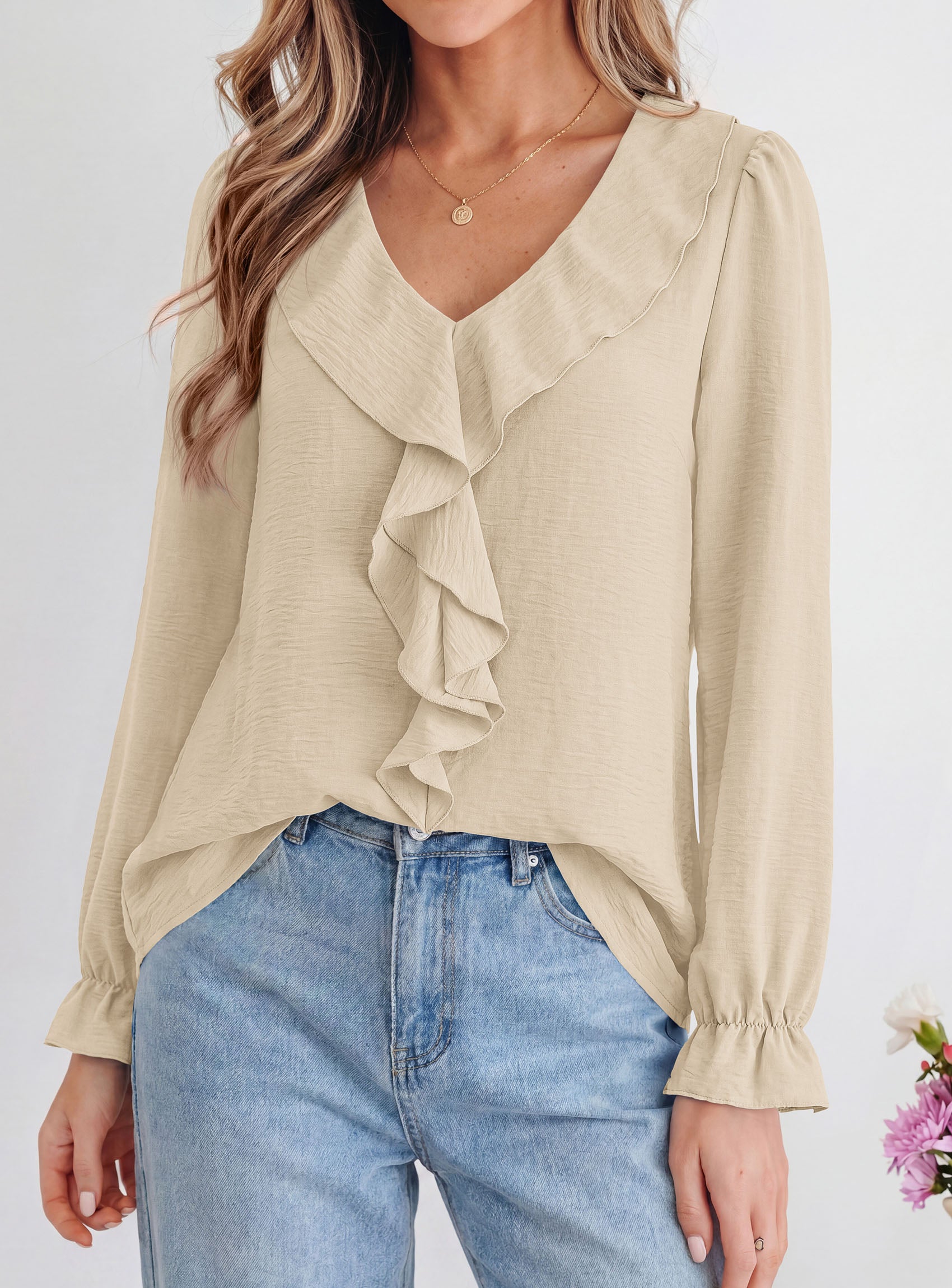 PRETTYGARDEN Women Early Fall Fashion Dressy Casual Blouses  | Comfy Lightweight,Lantern Long Sleeve Shirts,Cute Ruffle V Neck,Going Out Tops,Business Work Outfits,Trendy Daily Clothes