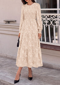 PRETTYGARDEN Fall Floral Long Sleeve Wedding Guest Dress for Women Pockets | Casual Textured Jacquard Smocked High Waist A-line Boho Flowy Midi Dress, Semi Formal Cocktail Dresses for Women 2026