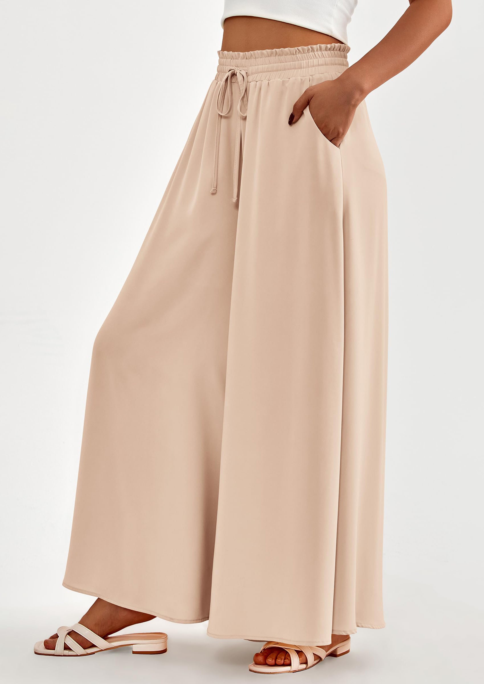 PRETTYGARDEN Women's Summer Wide Leg Palazzo Pants High Waisted Flowy Pockets Trendy Casual Lounge Boho Beach Trousers