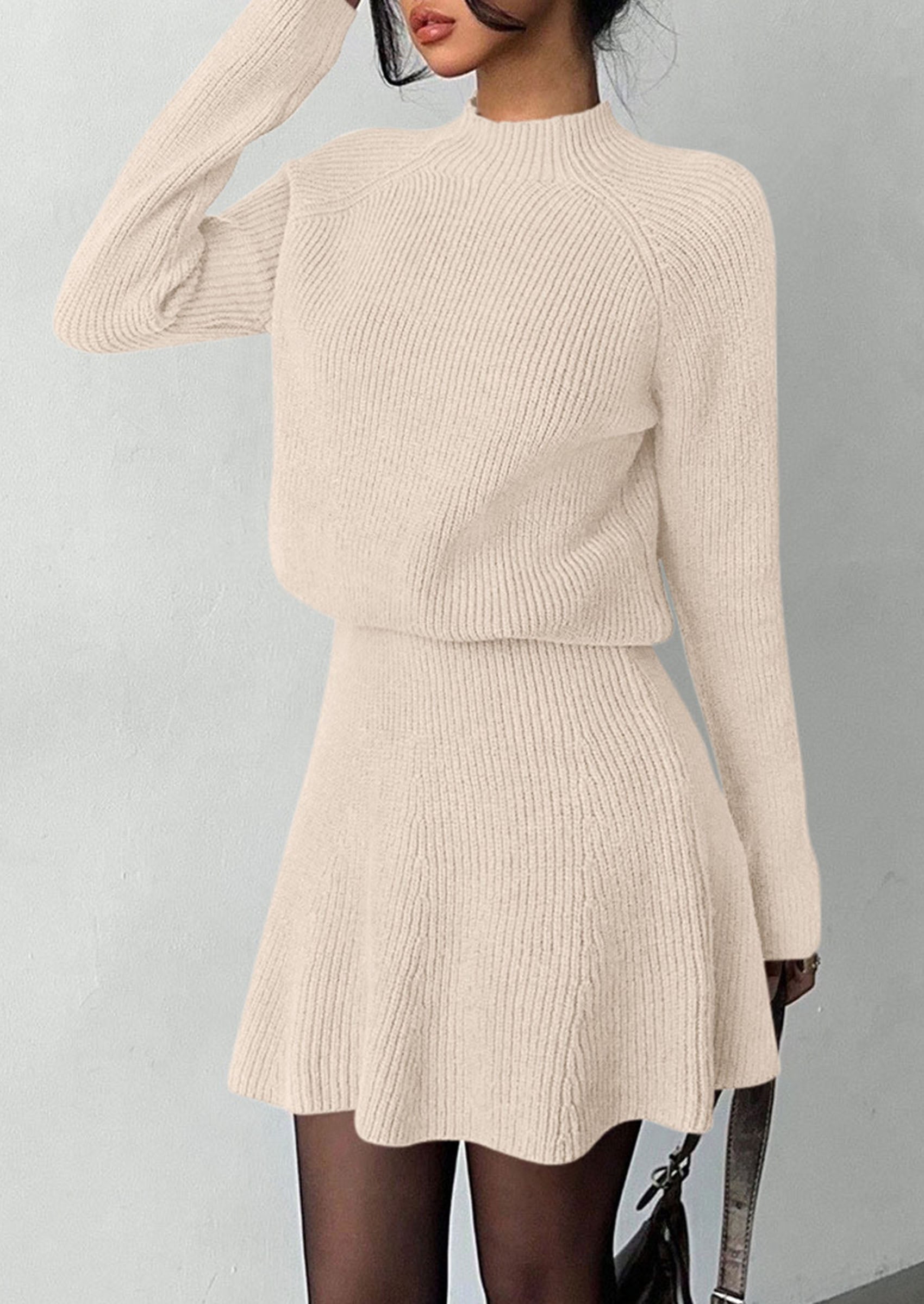 PRETTYGARDEN Women's Fall 2 Piece Outfits Matching Sweater Skirt Sets  Cozy Ribbed Knit, Raglan Long Sleeve, Crewneck Pullover, Elastic Waist A Line, Mini Short Skirts, Holiday Winter Clothing
