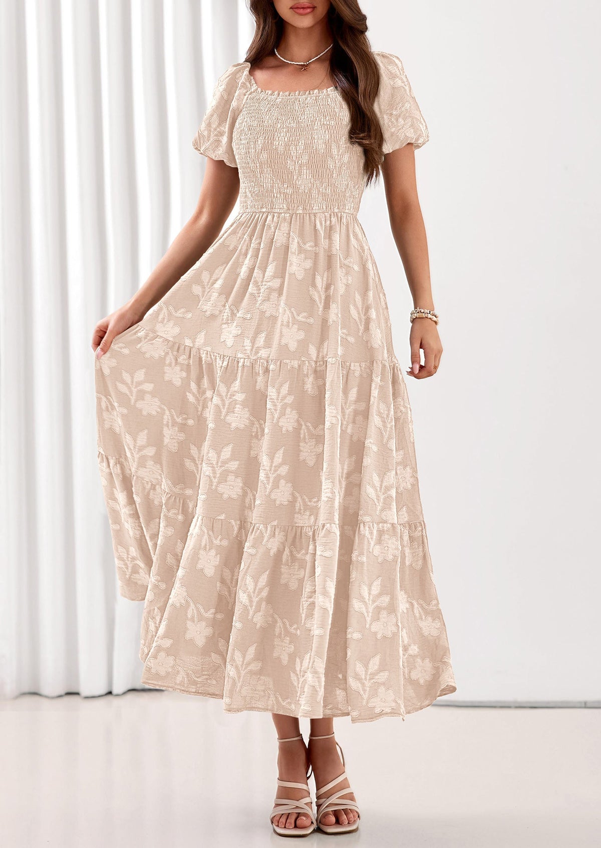 PRETTYGARDEN Women's 2026 Summer Boho Maxi Dresses Floral Short Sleeve Square Neck Smocked Flowy Long Dress Vacation Outfits PRETTYGARDEN