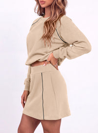 PRETTYGARDEN Women's Two Piece Outfits Matching Skirt Sets | Color Block Long Sleeve Top Sweatshirt, Mini Short Skirts, Elastic Waist Skorts Pocket, 2pc Workout Set, Fall Fashion Clothes