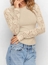 PRETTYGARDEN Sheer Lace Raglan Long Sleeve Shirts for Women | Soft Stretchy Knit,See Through Floral Sleeves,Crewneck Fitted Tshirts,Daily Going Out Tops,Office Layer,Fall Fashion Clothing