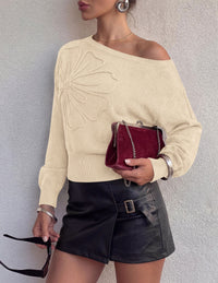 PRETTYGARDEN Women's Fall Off The Shoulder Sweater Tops   | 3D Flower Off Shoulder Sweater, Cinched Waist, Long Sleeve Cropped Sweaters, Knit Pullover Tops, Trendy Date Night Outfit
