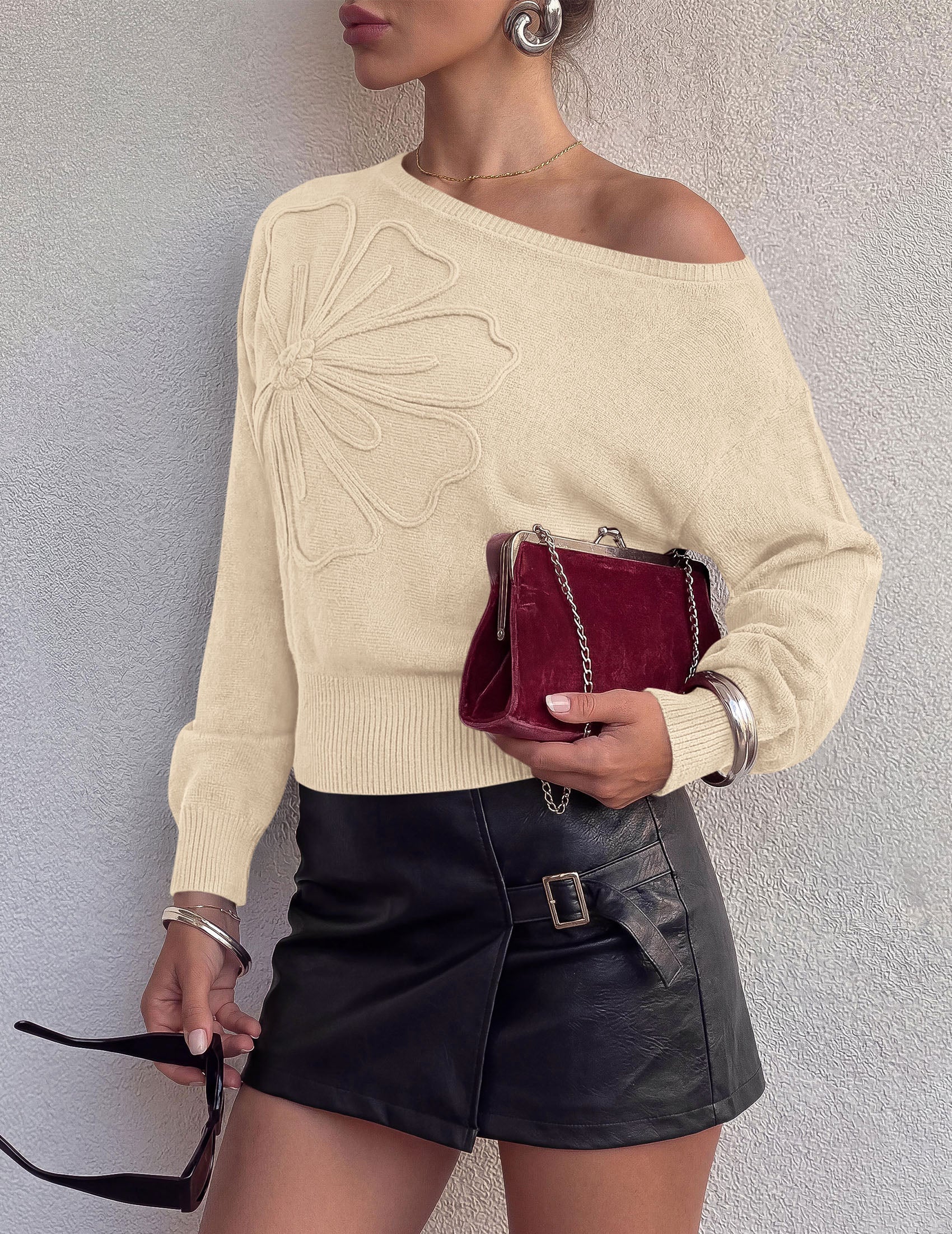 PRETTYGARDEN Women's Fall Off The Shoulder Sweater Tops   | 3D Flower Off Shoulder Sweater, Cinched Waist, Long Sleeve Cropped Sweaters, Knit Pullover Tops, Trendy Date Night Outfit