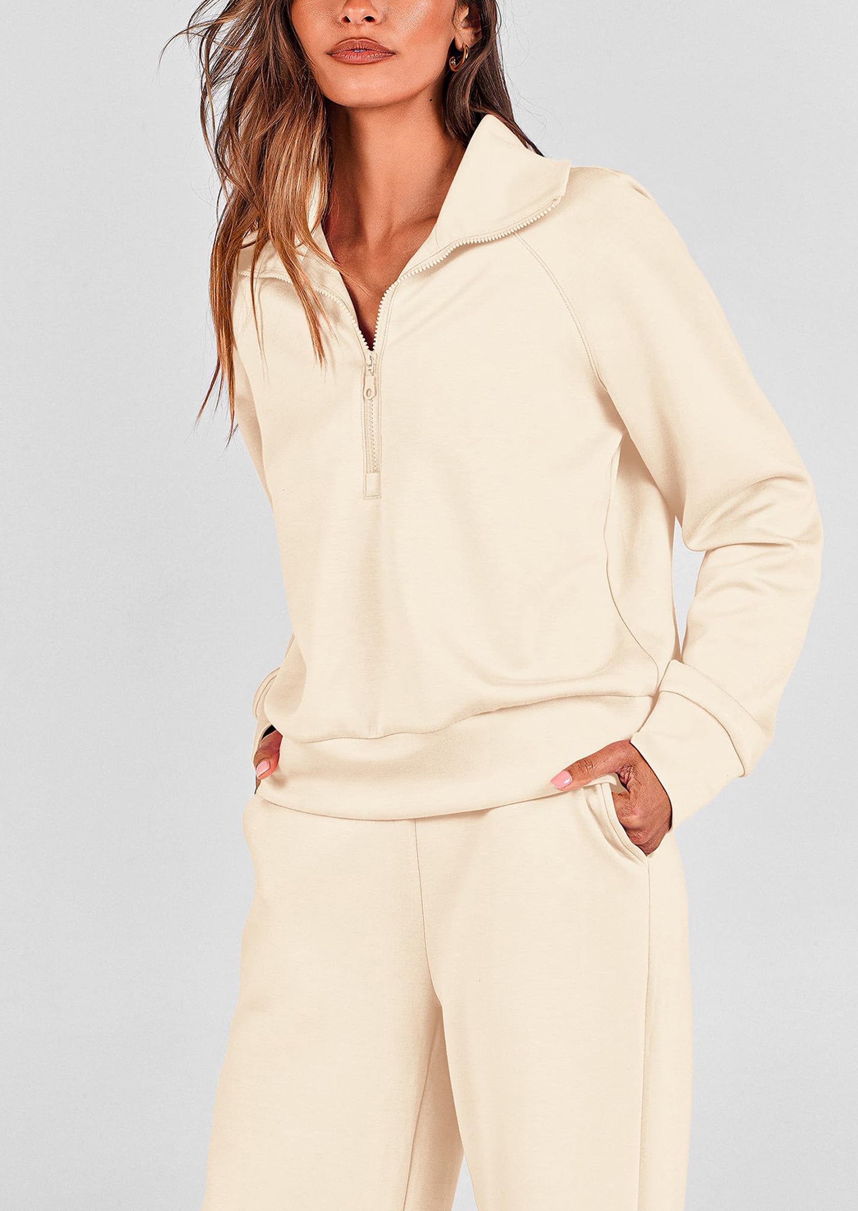 PRETTYGARDEN Women's 2 Piece Outfits Casual Lapel Half Zip Sweatshirts And Wide Leg Pants Tracksuit Sets