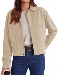 PRETTYGARDEN Women's Faux Suede Cropped Fall Jackets | Soft Zip Up Coats,Classic Lapel Collar,Button Down Shacket,Oversized Casual Outerwear,Trendy Winter Clothes with Pockets