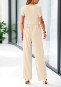 PRETTYGARDEN Women's Summer One Piece Jumpsuits Dressy Casual Short Sleeve Square Neck Wide Leg Jumpsuit Rompers