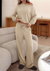 PRETTYGARDEN Womens 2 Piece Casual Matching Lounge Sets  Fashion Off the Shoulder Sweatshirt, Wide Leg Pants with Pockets, Comfy Airport Travel Outfit, 2026 Trendy Fall Set