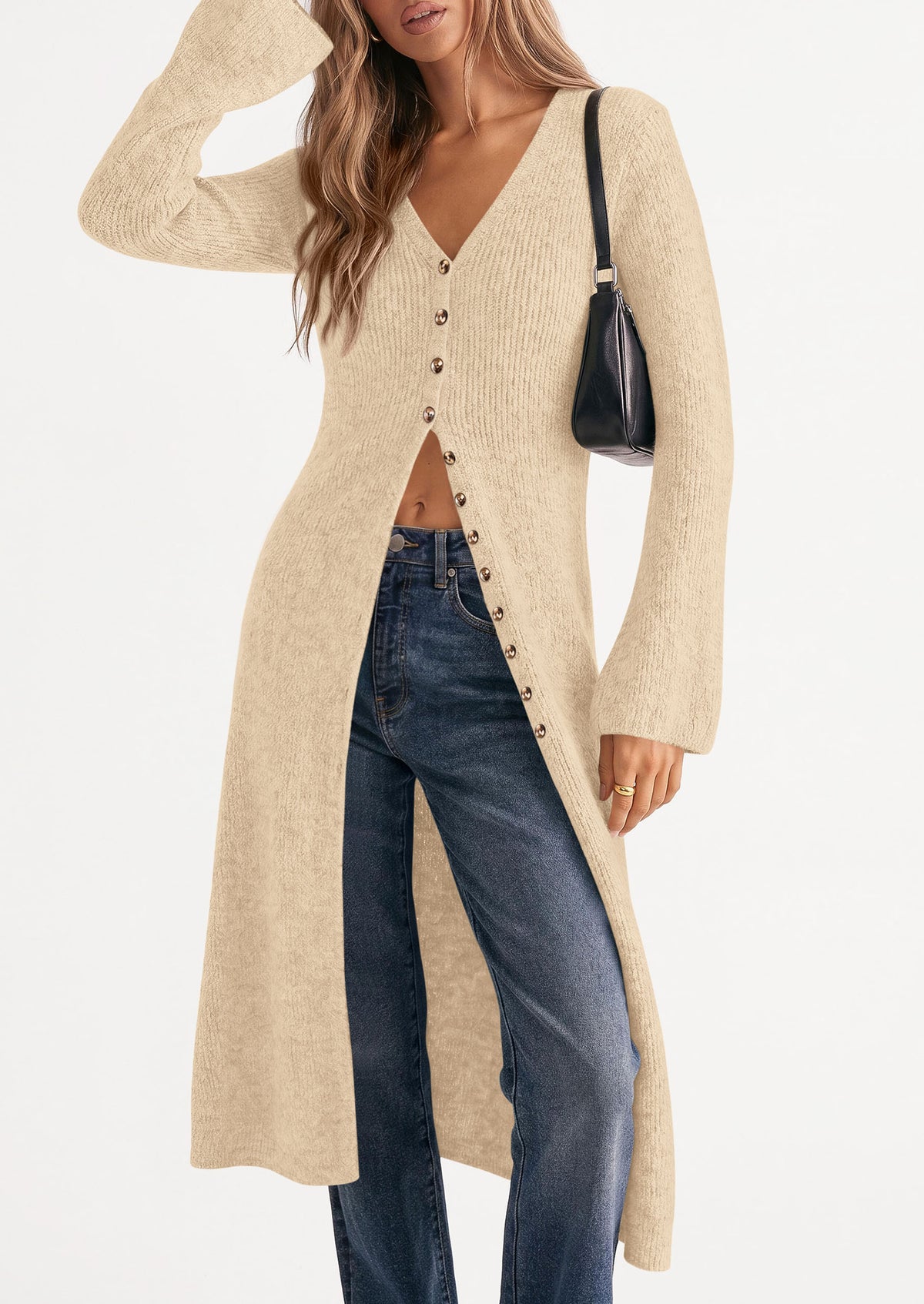 PRETTYGARDEN Women Long Cardigan Bell Sleeve Sweater Dress  Early Fall Fashion, V Neck Button Down Coats, Fit and Flare, Duster Sweater, Business Casual Outfits, Acrylic Cotton Blend