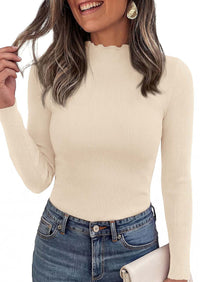 PRETTYGARDEN Women's Fall Long Sleeve Shirts Basic Tees | Soft Stretchy Ribbed Fabric, Lettuce Trim Mock Neck, Slim Fitted Cute Tops, Layering Fashion Clothing, Trendy Casual Outfits