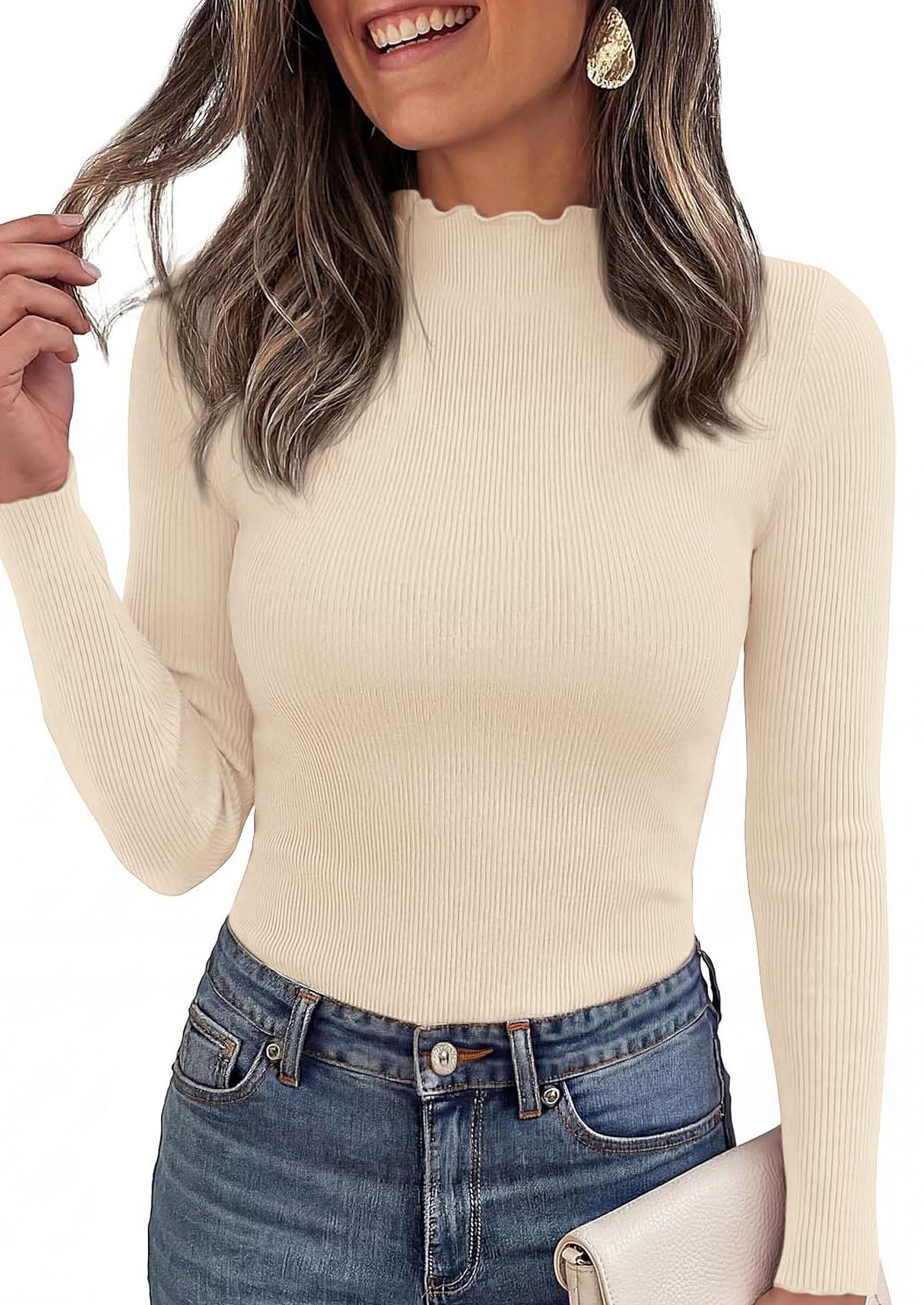 PRETTYGARDEN Women's Fall Long Sleeve Shirts Basic Tees | Soft Stretchy Ribbed Fabric, Lettuce Trim Mock Neck, Slim Fitted Cute Tops, Layering Fashion Clothing, Trendy Casual Outfits