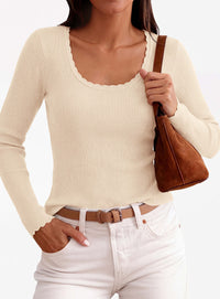 PRETTYGARDEN Women's Fall Lightweight Ribbed Knit Sweaters | Stretchy Cozy Knitwear,Scalloped Scoop Neck,Long Sleeve Shirts,Slim Fitted Pullover,Basic Layering Tops,Cute Casual Outfits