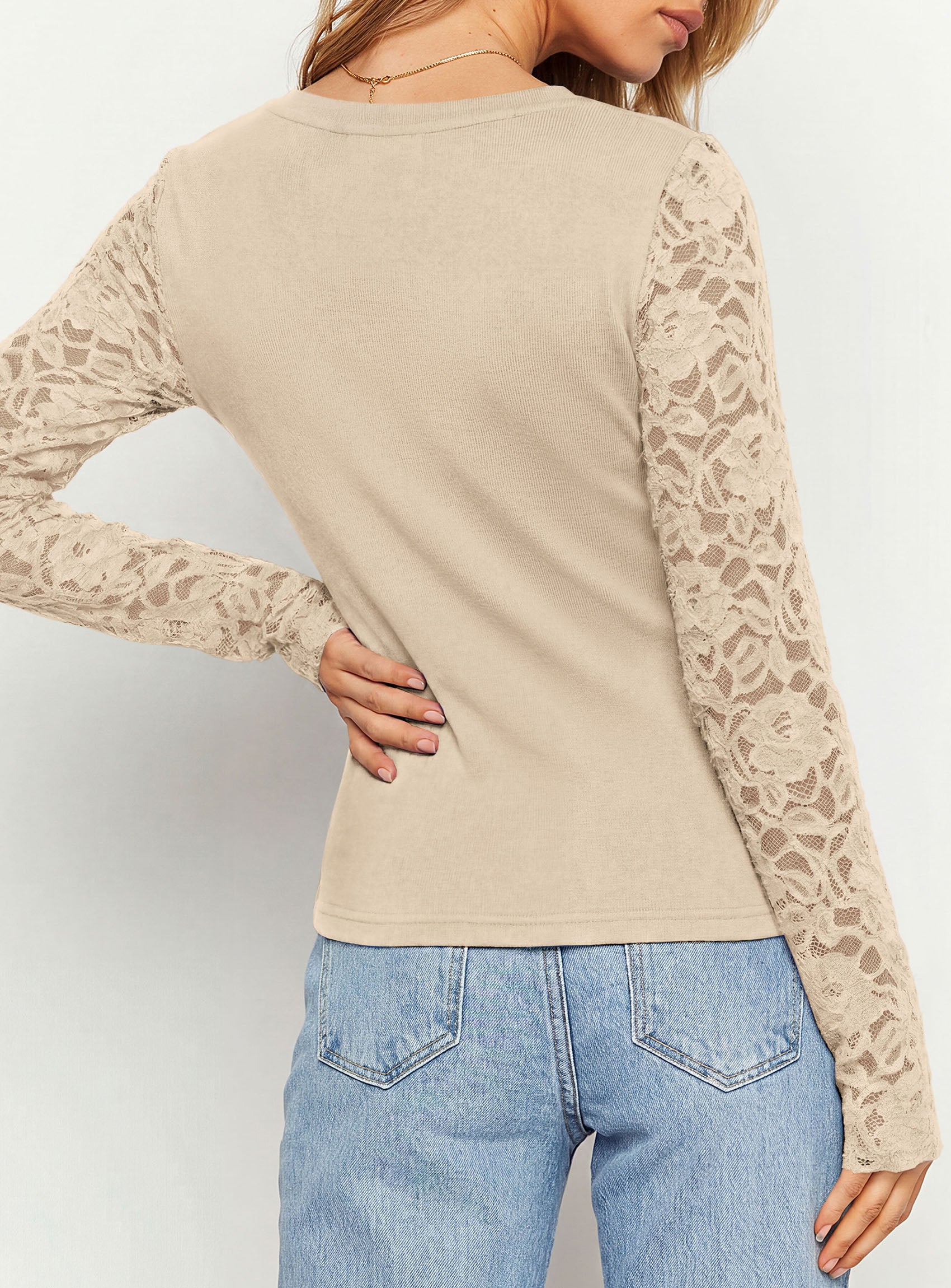 PRETTYGARDEN Sheer Lace Raglan Long Sleeve Shirts for Women | Soft Stretchy Knit,See Through Floral Sleeves,Crewneck Fitted Tshirts,Daily Going Out Tops,Office Layer,Fall Fashion Clothing