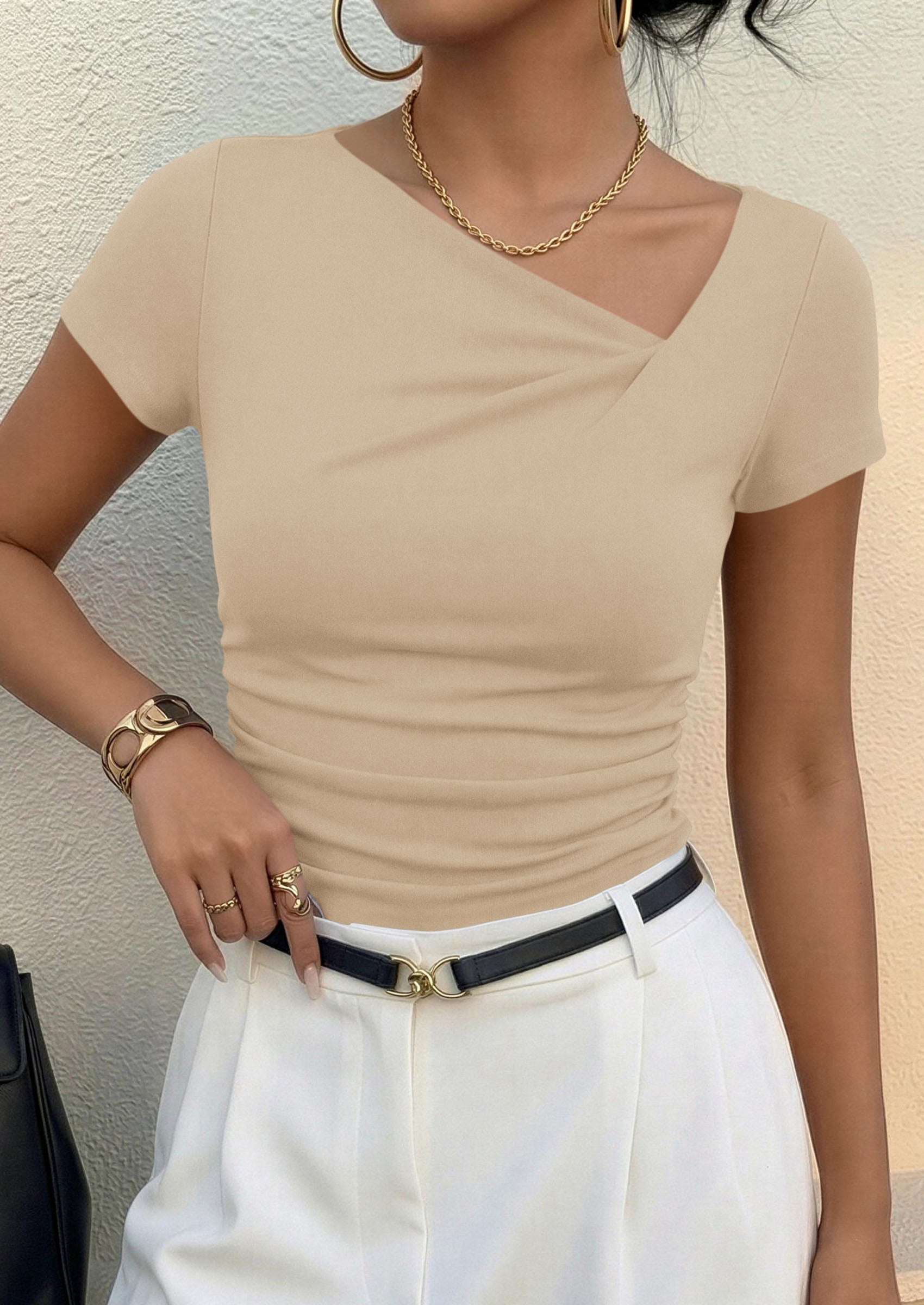 PRETTYGARDEN Women's 2026 Summer Asymmetrical Y2K Tops Trendy Ribbed Short Sleeve Fitted Tee Shirts Spring Fashion Clothing