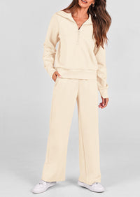 PRETTYGARDEN Women's 2 Piece Outfits Casual Lapel Half Zip Sweatshirts And Wide Leg Pants Tracksuit Sets