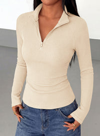 PRETTYGARDEN Women's Fall Quarter Zip Long Sleeve Shirts | Soft Stretchy Ribbed Knit, Collared Zipper Slim Fitted, Raglan Sleeves Pullover, Dressy Casual Tops, Trendy Going Out Outfits