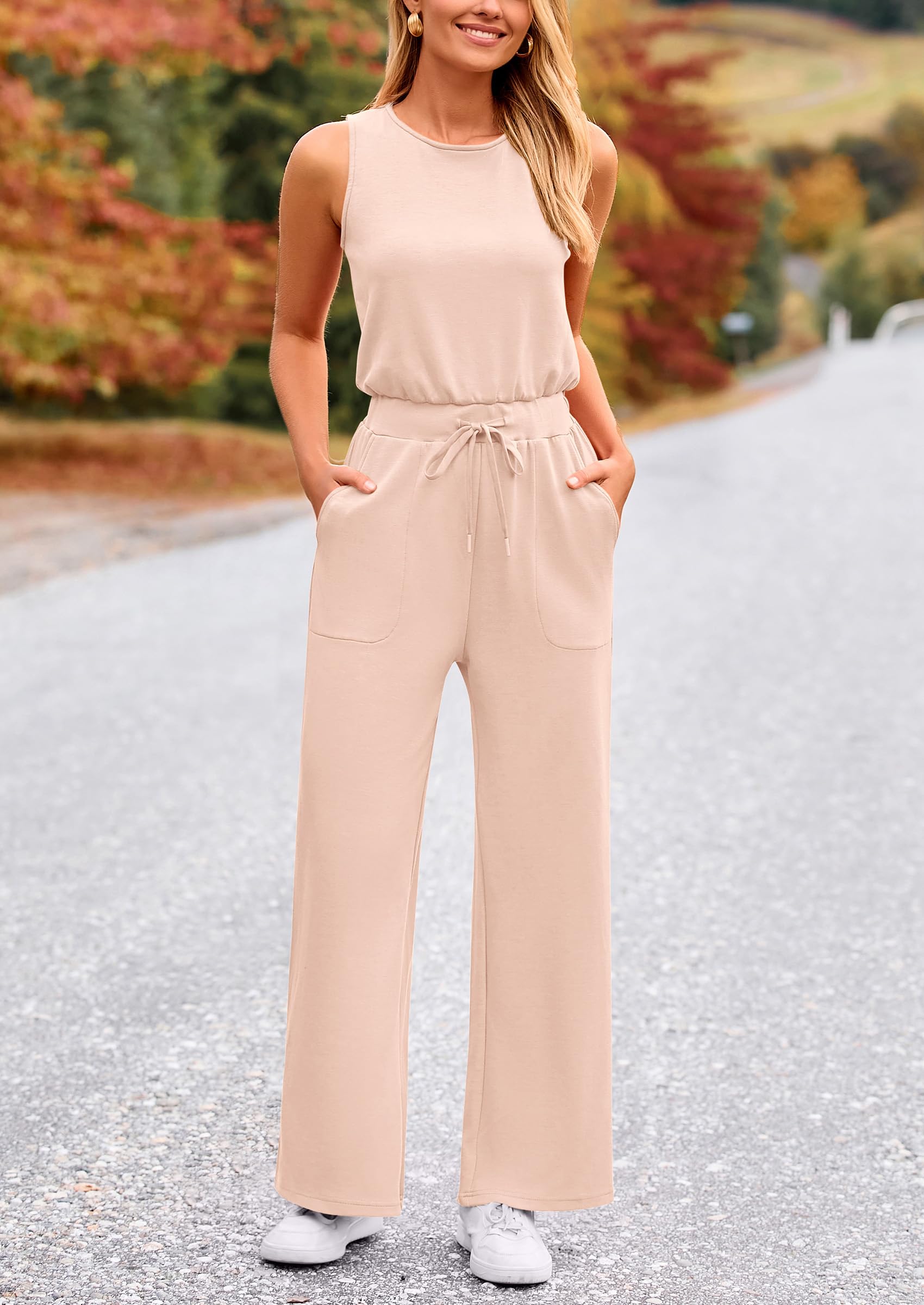 PRETTYGARDEN Womens Jumpsuits Summer Casual One Piece Outfits Sleeveless Wide Leg Long Pants Rompers