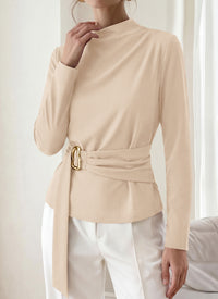 PRETTYGARDEN Women Blouses Fall Dressy Mock Neck Long Sleeve Work Shirts Buckle Belted Tunic Business Casual Tops