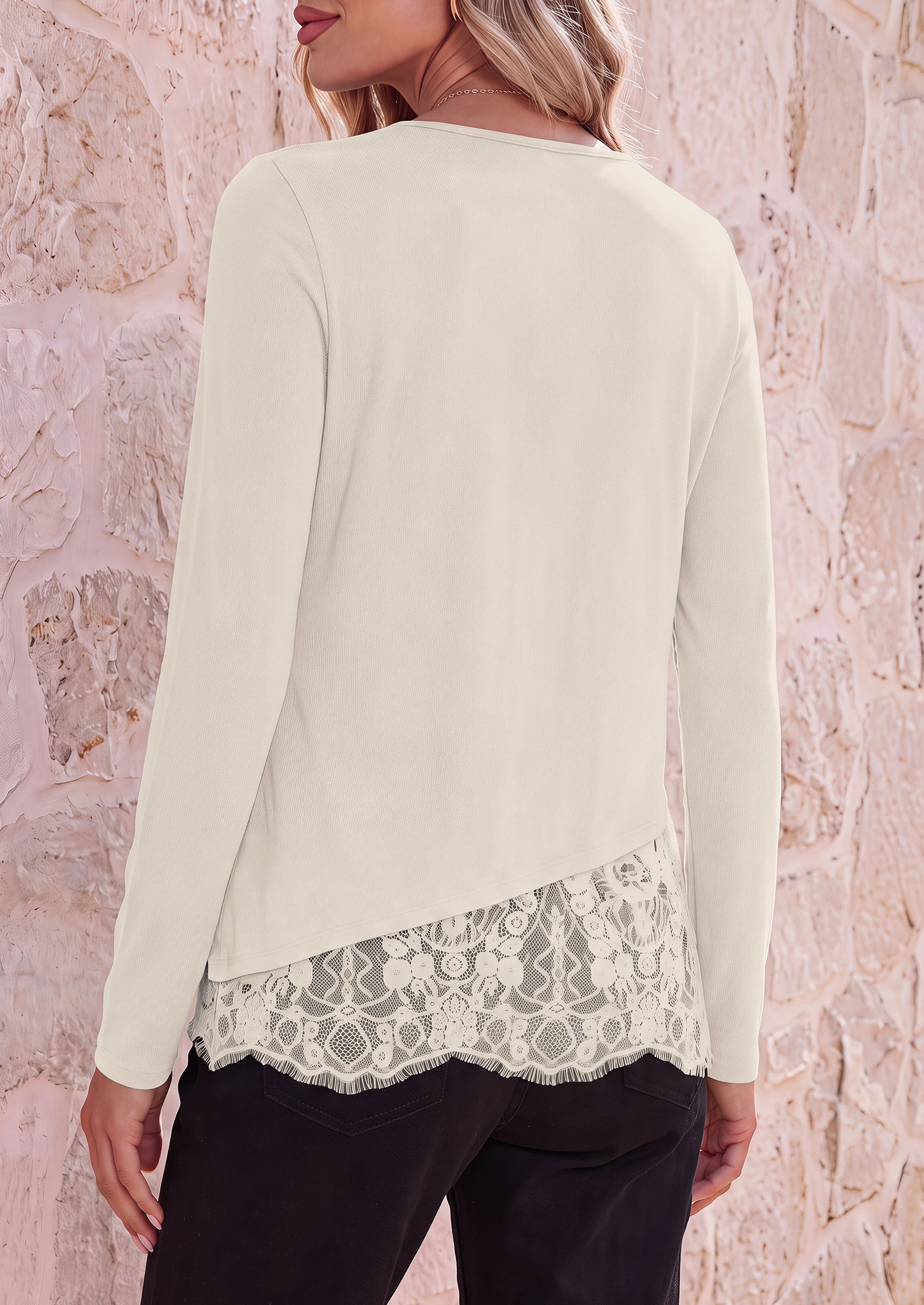 PRETTYGARDEN Women's Lace Patchwork Long Sleeve Shirts | Soft Casual Tops,Irregular Asymmetrical Hem,Crew Neck Thermal Blouses,Loose Fit Layer Tee,Fashion Fall Winter Daily Wear