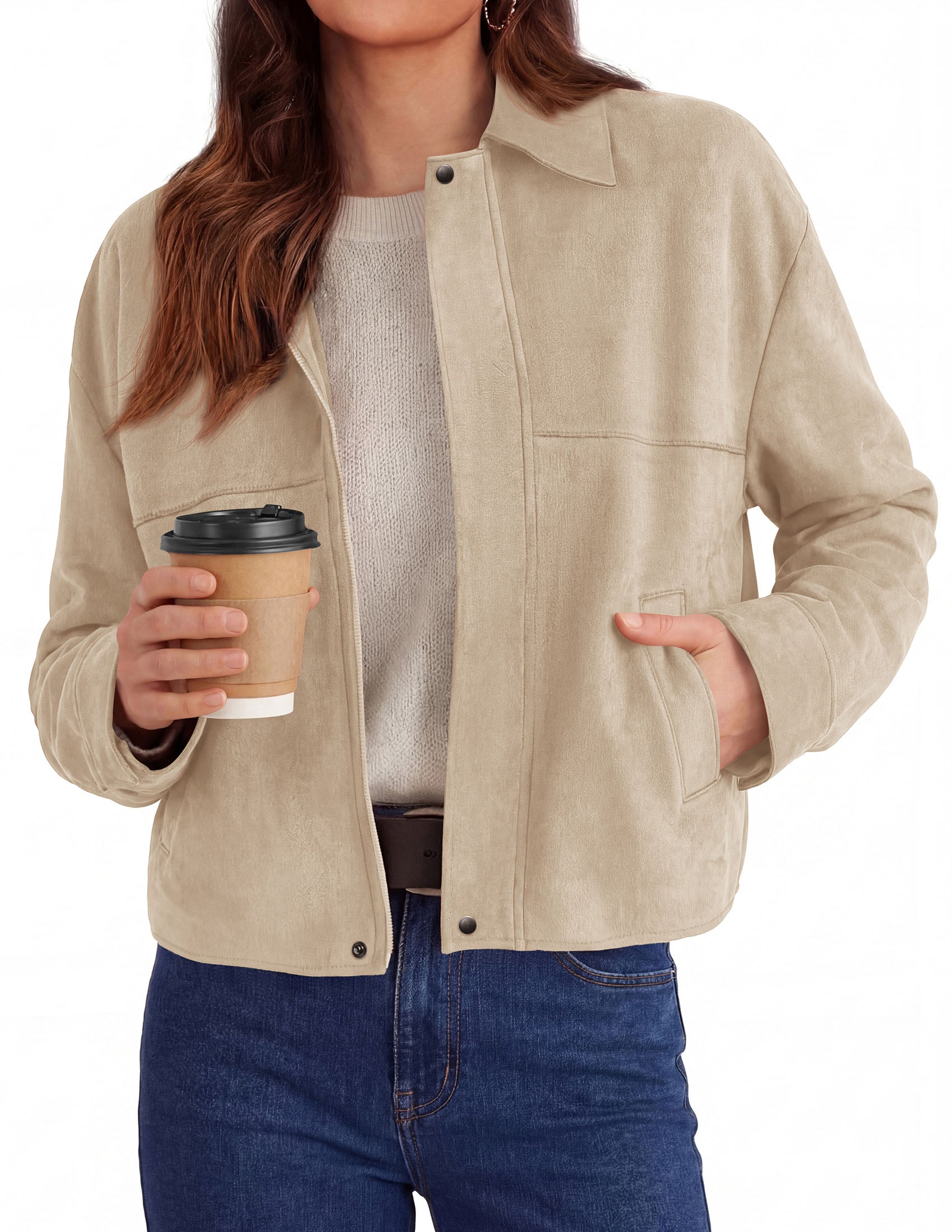 PRETTYGARDEN Women's Faux Suede Cropped Fall Jackets | Soft Zip Up Coats,Classic Lapel Collar,Button Down Shacket,Oversized Casual Outerwear,Trendy Winter Clothes with Pockets