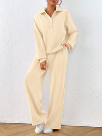 PRETTYGARDEN Women Fall 2 Piece Outfits Sweatsuits Quarter Button Long Sleeve Sweatshirt Wide Leg Pants Tracksuit Lounge Sets