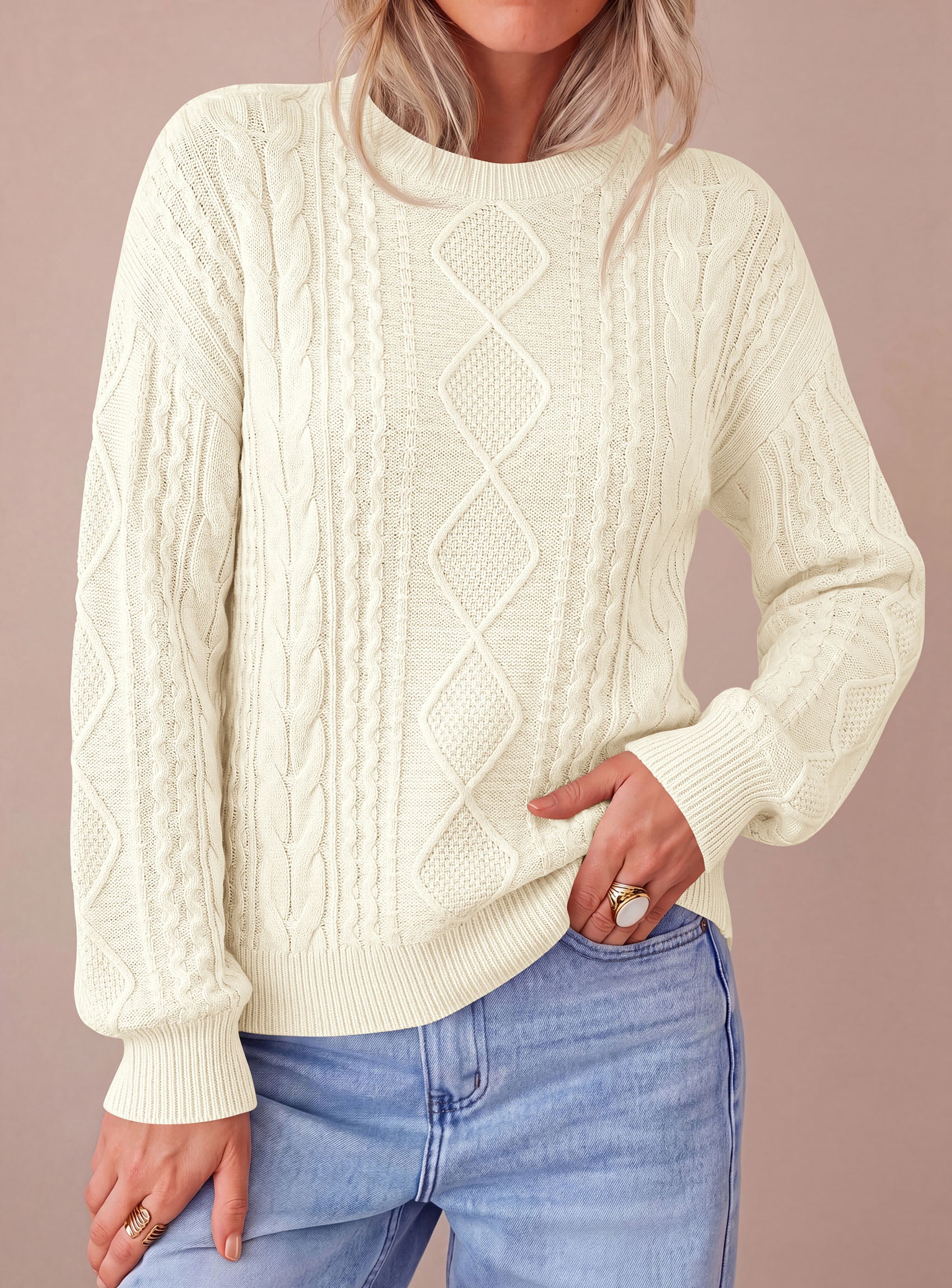 PRETTYGARDEN Womens Cable Knit Sweater Crewneck Pullover | Soft Ribbed Cuffs,Relaxed Fit Long Sleeve Sweaters,Chunky Diamond,Warm Layering,Comfy Daily Wear,Fall Winter Going out Top