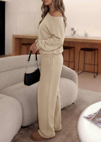 PRETTYGARDEN Womens 2 Piece Casual Matching Lounge Sets  Fashion Off the Shoulder Sweatshirt, Wide Leg Pants with Pockets, Comfy Airport Travel Outfit, 2026 Trendy Fall Set