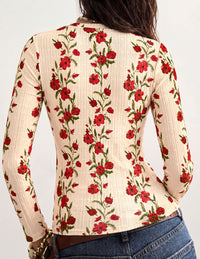 PRETTYGARDEN Womens Long Sleeve Shirts Floral Y2K Tops | Soft Lightweight Ribbed Knit Top,Fitted Waist,Crew Neck Slim Fit,Going Out Vacation Outfits,Layering Fall Winter Clothes